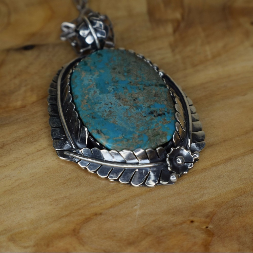 Boho South Western Fern Leaf Sterling Silver & Turquoise Large Pendant 🌿 - Picture 2 of 13